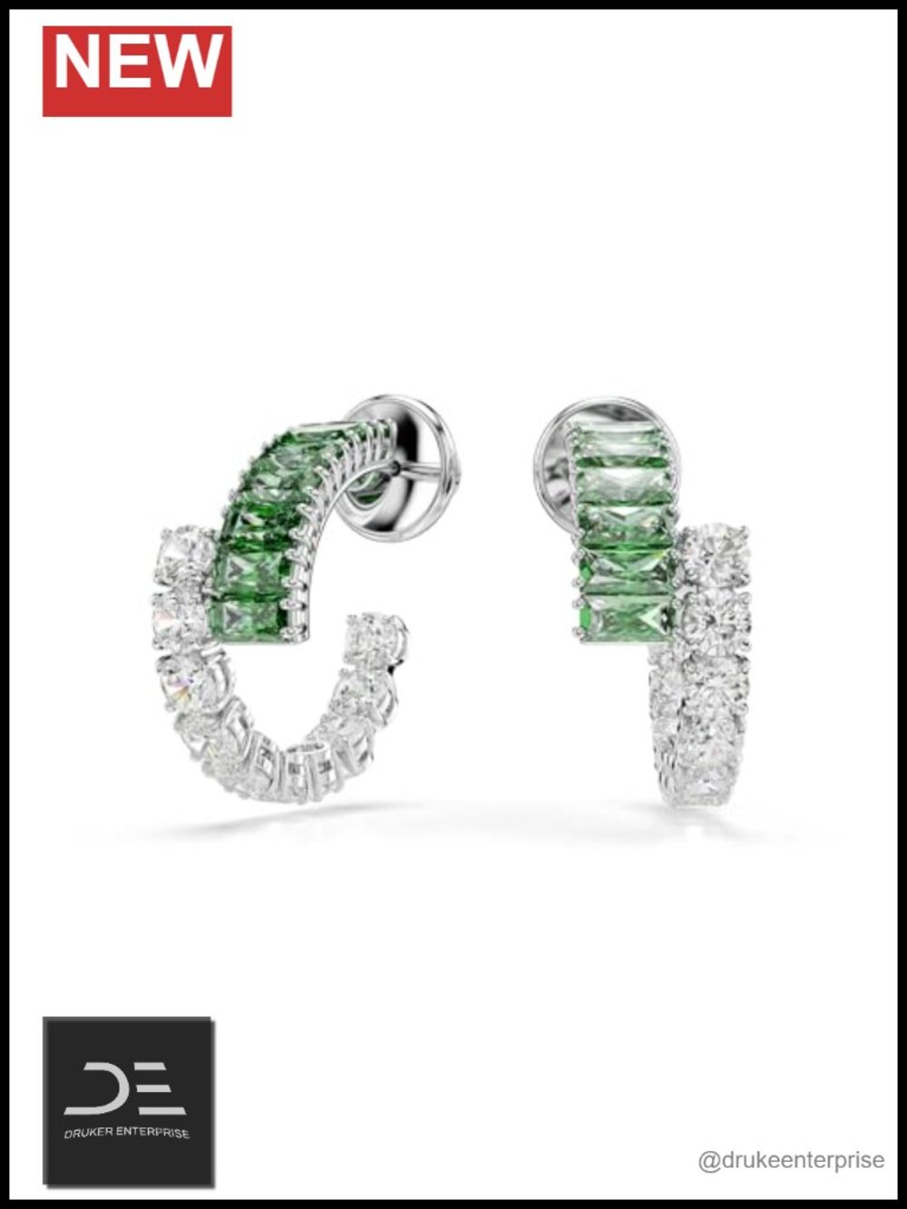 Rhodium Plated Crystal Hoop Earrings Mixed Cut Green